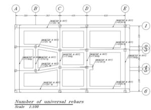 نمونه نقشه اجرایی فونداسیون و آرماتورگذاری تولیدشده با نرم‌افزار نقشه‌ساز AutoCAD